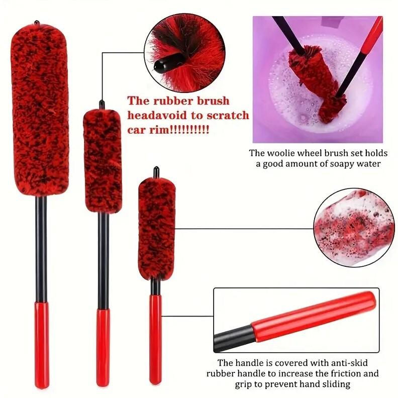 Product Introduction of New store opening, special offers  3X Set Wheel Woolies Luxury Super Plush Soft Alloy Wheel Cleaning Brush Kit UK 23