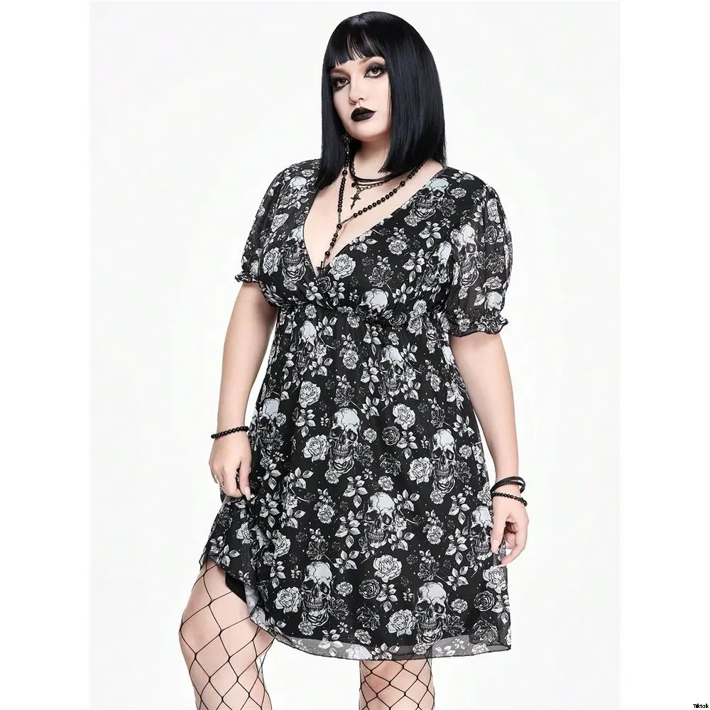 Dress Neck V Short Sleeve Print Full Floral Skull Plus Size Goth ROMWE