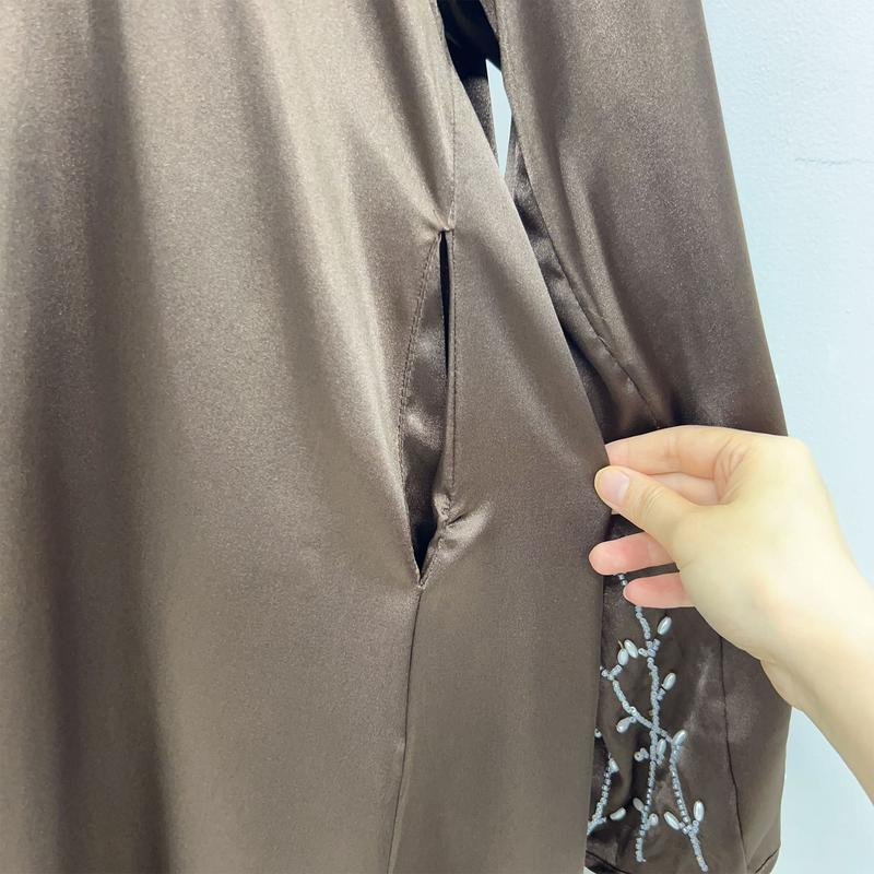 Product Introduction of HS1024 1pcs Satin Cardigan Handmade Beaded Dress Abaya 18