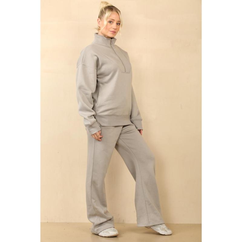 Women's 1/2 Zip Fleece Co-ord Set - Sweatshirt & Wide Leg Joggers with Pockets - Womenswear, Suits Minimalist Basic Suits Comfort Long Sleeve Casual Casual 7