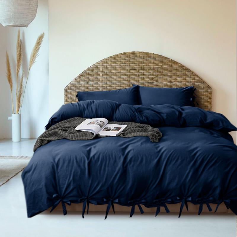 Luxury 3 Piece Duvet Quilt Cover Set Plain Bow Knotted Duvet Covers with Pillowcases Button Closure Breathable Microfiber Dyed Duvet Covers Sets 4