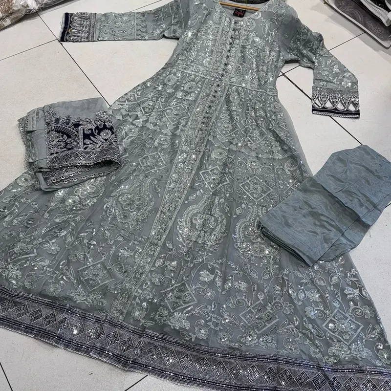 Silver/Grey JASMIN Long dress suit 3 piece Pakistani embroidered chiffon duppatta wedding edt S-XL Womenswear 4