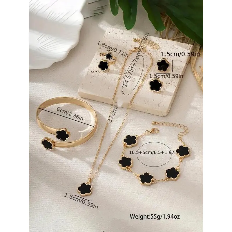 Lucky flower shaped jewelry set, 6 counts charm necklace & bracelet & Ring & stud earring 1