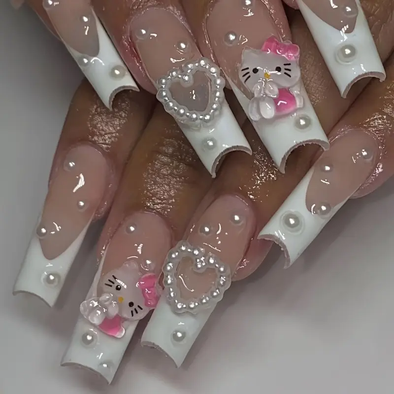 24pcs Medium and Long Square Nail Stickers Sanrio Cute Style White French Three-dimensional Cute HelloKitty 2