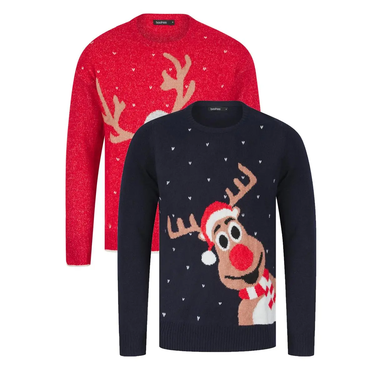 Ladies Mens Reindeer Christmas Xmas Festive Jumper Red Navy Long Sleeve Clothing Menswear Sweater Knitted Knitwear Soft