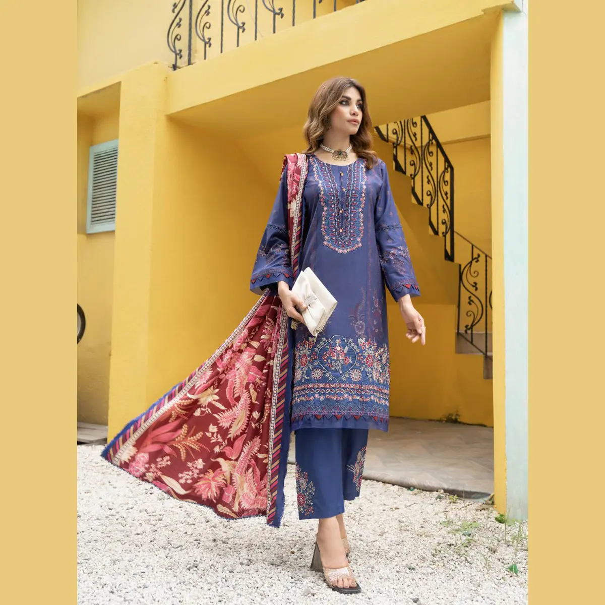 D-MSL-05 - Digital Printed Dhanak Gala Daman Embroidery Suit with Pashmina Shawl and Dyed Trouser
