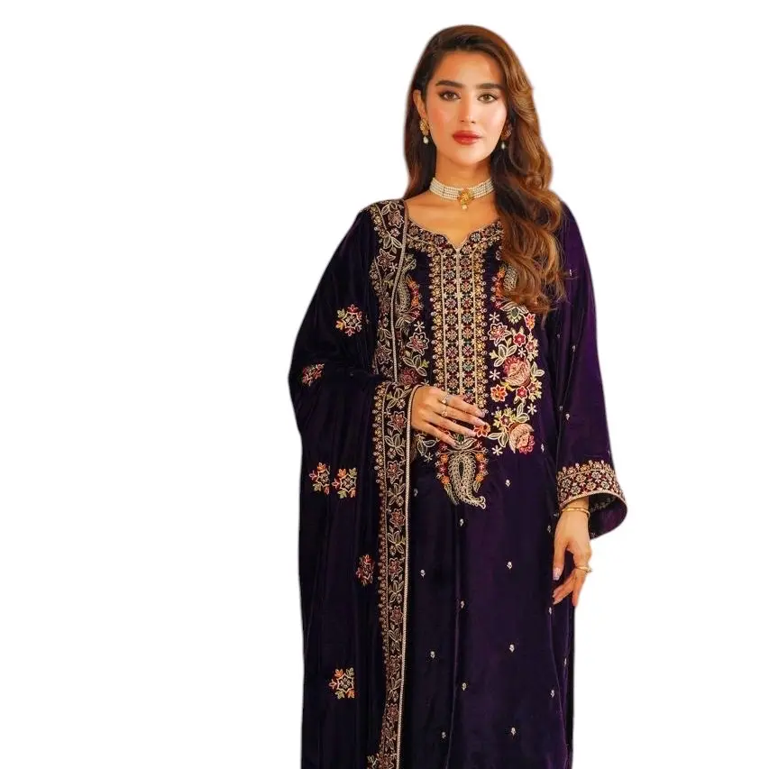 Eid Collection MicroVelvet 11000 embroidered shirt and wide Plazo 2 Piece,dupatta not included ready to wear dress for women.