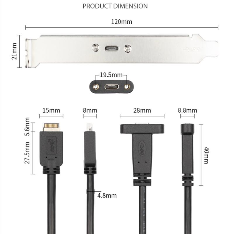USB 3.1 Type-C Female Panel Mount to USB Type E 20 Pin 10Gbps 0.5m 6