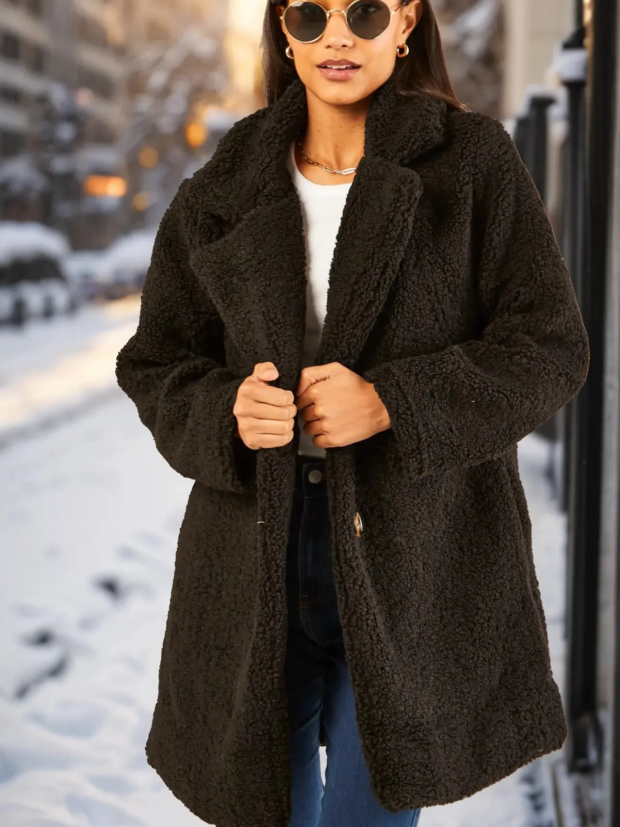 Black Oversize Teddy Winter Coat Jacket Casual Outfit
