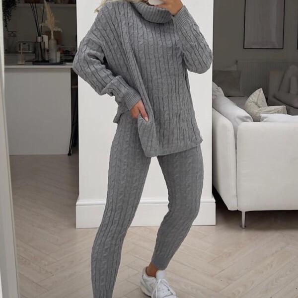 Women's Cable Knit Leggings Set with Roll Neck - Bottoms, Womenswear 3