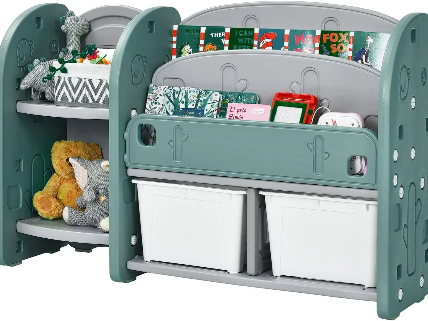 COSTWAY Toy Storage Unit, Kids Bookshelf with 2 Removable Bins and 2 Shelves, Children Toys Organiser Book Rack for Playroom Bedroom
