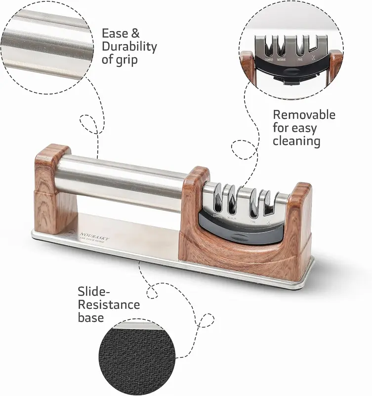 Noura Sky Knife Sharpener 4 in 1 | Kitchen Knives & Scissors | Professional 3 Stages Manual Knife Sharpening | Non-Slip Base (Wooden Color). 4