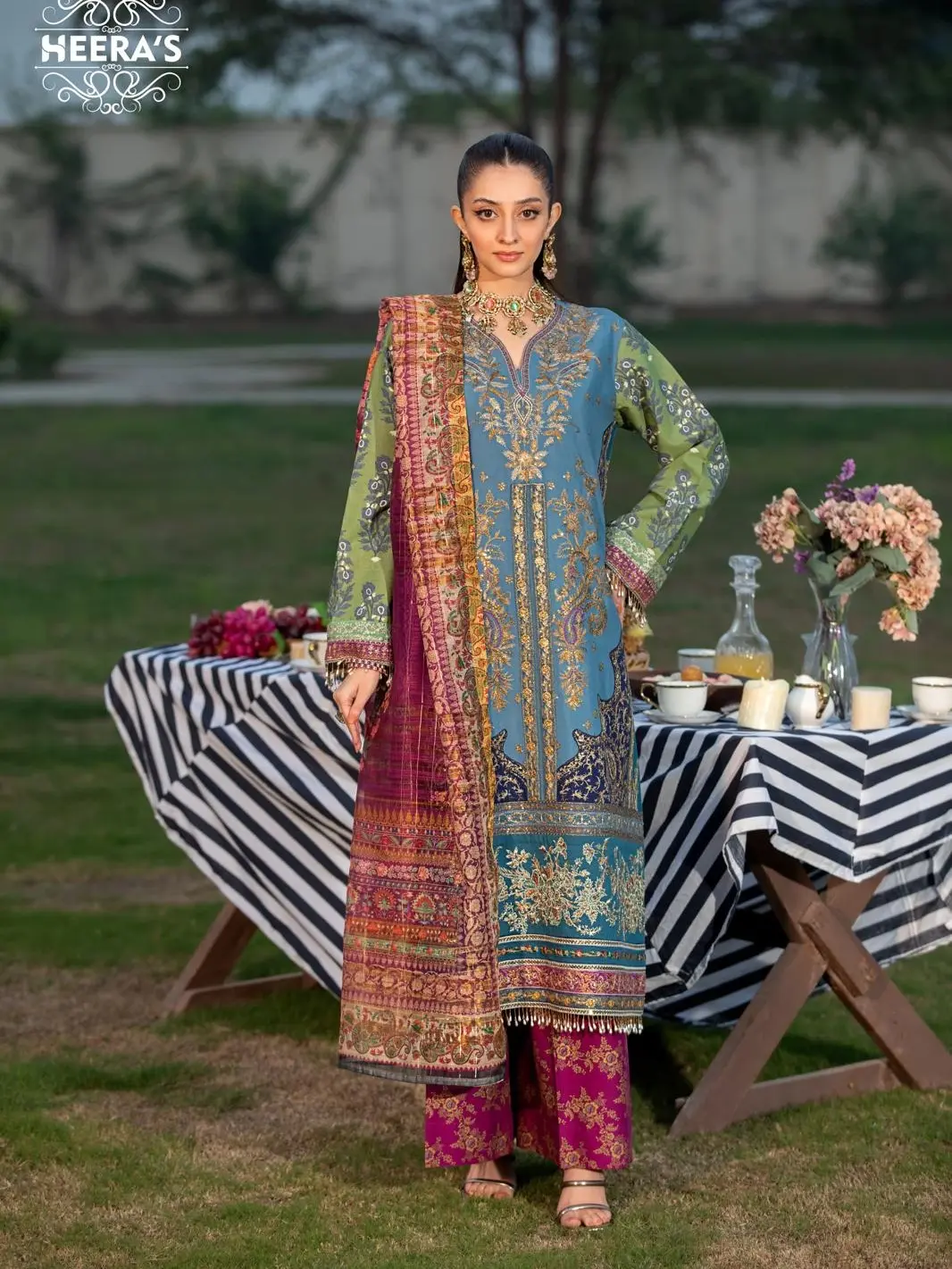Heeras Women's 3 Piece Suit Eid Collection - Soft Cambric Cotton Embroidered Shirt, Printed Trouser, and Silk Dupatta - Dress