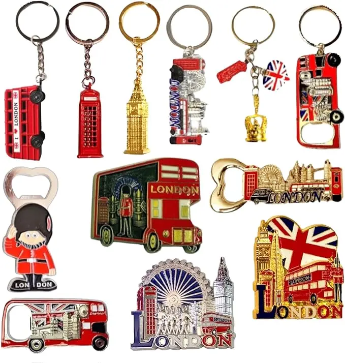 12 London UK England Famous Icons Mix Bottle Opener Fridge Magnets Keyrings, British England Key Chain Union Jack Souvenirs Magnet London Souvenir Gift