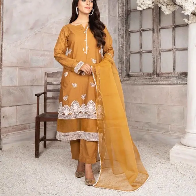 Cotton chikenkari embroidery 3pc suit