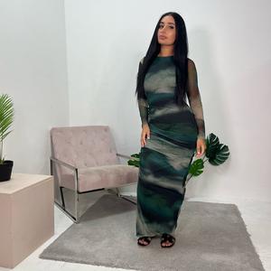 Ladies Printed Side Ruched Mesh Modest Dress long dresses