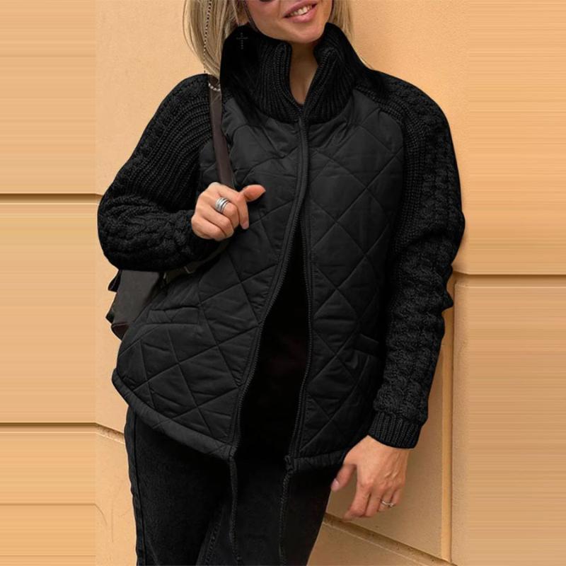 Women Stand Collar Fashion Knitted Stitching Jacket Womenswear coat solid minimalist Fabric Knitwear Army Check Garment Hoodie 2