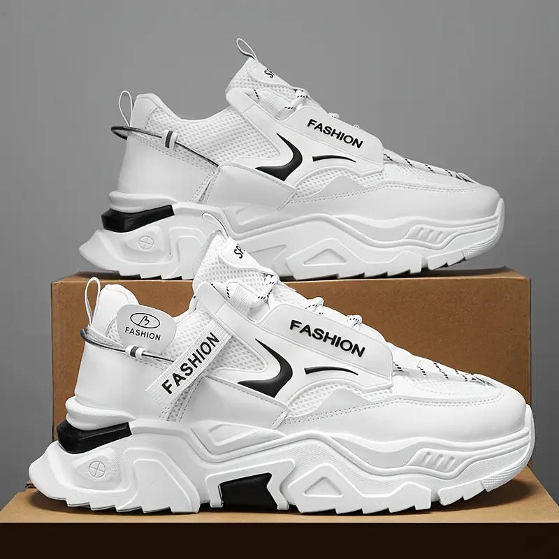 Breathable Mesh Sneakers - 2024 Latest Fashion Trend, Casual & Sporty Lace-Up Shoes with Non-Slip Rubber Sole, Comfortable Low-Top Design for Running & Casual Attire, White with Black Accents