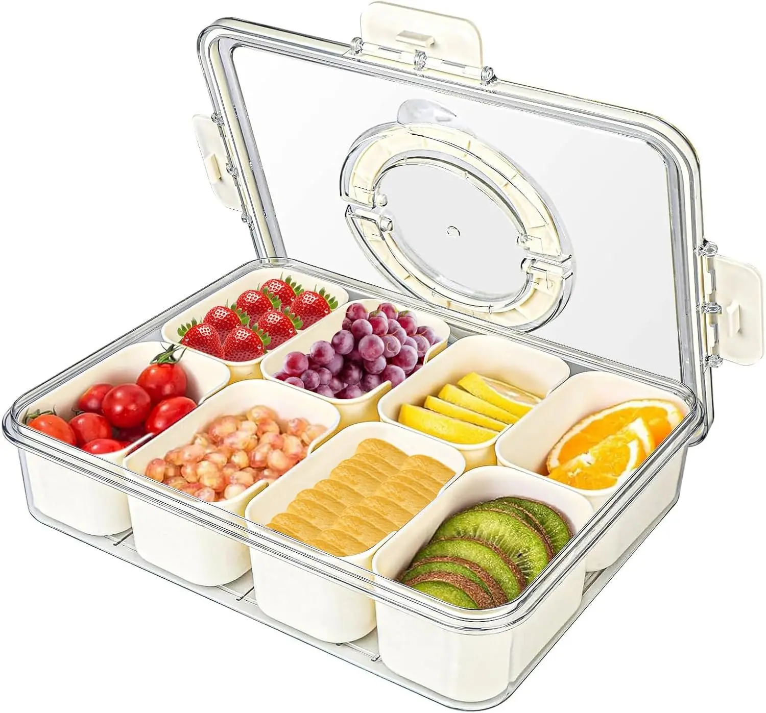 Divided Serving Tray with Lid and Handle, Portable Food Storage Container, Snack Tray 8 Removable Compartment Box Clear Organizer for Veggie, Candy, Fruit, Snacks