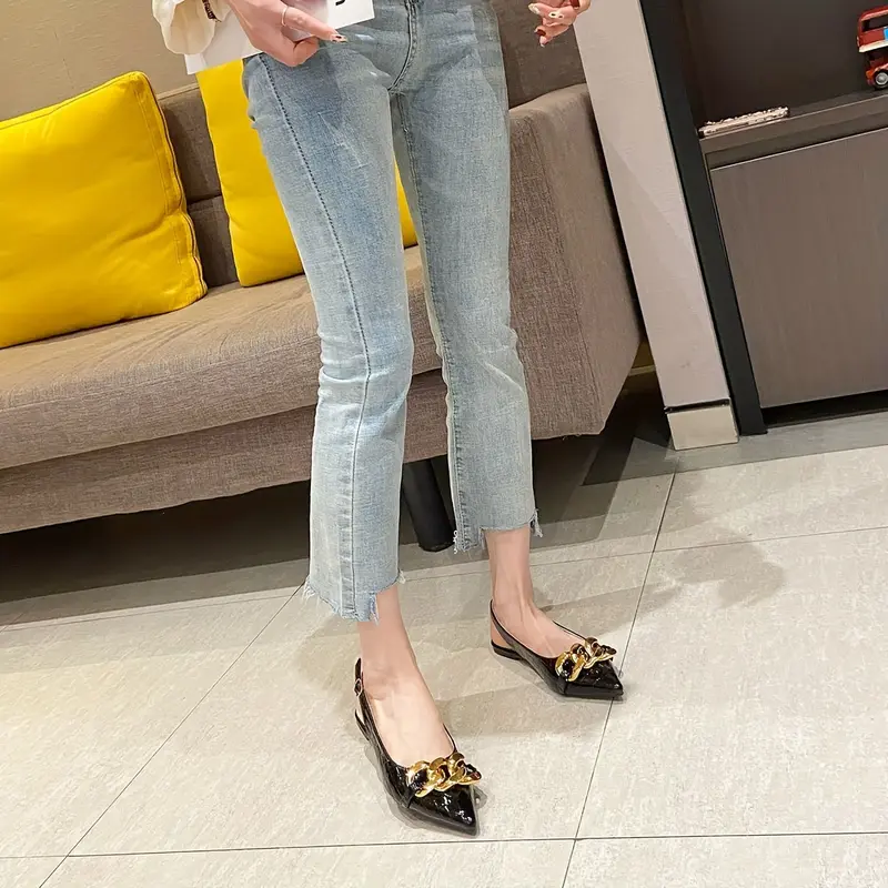Women's Trendy Chain Decor Flat Shoes, Stylish Point Toe Buckle Strap Shoes, Fashion Slingback Shoes 7