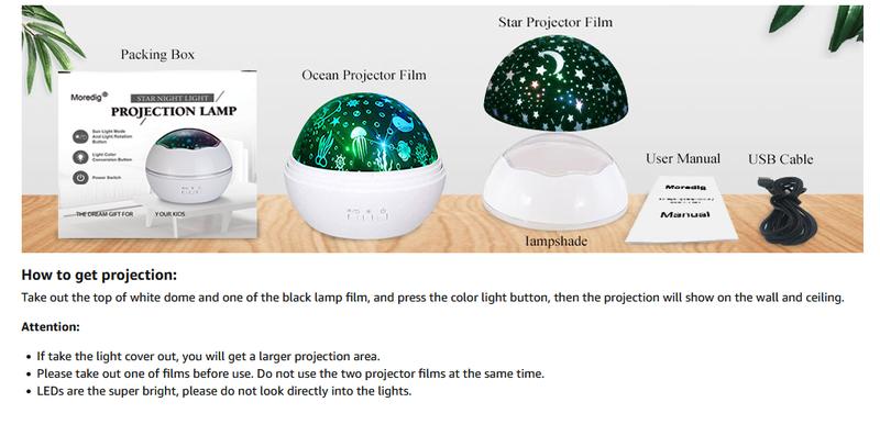 Product Introduction of Moredig Baby Lights Projector, Roating Sensory Lights with 8 Lighting Modes, Starry Sky & Ocean Night Light Porjector for Kids, Baby Sensory Toy Christmas Gifts for Baby Gifts for Girls Boys - White 15
