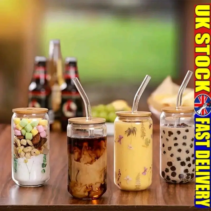 4 Pack BLANK Can Cup With Bamboo Lid And Straw and straw brush Iced Coffee Cup - Drinkware - NO HIDDEN POSTAGE COSTS!! glass tumblers cute mugs uk reusable milk Set Bottles