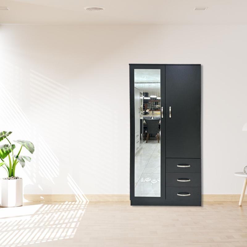 PALAKLOT 2 Door 3 Drawer Full-length Mirror Wardrobe | Modular Cabinet for Space Saving | Ideal Storage Organizer (Black) 8