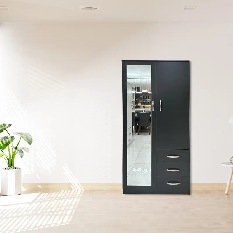 PALAKLOT 2 Door 3 Drawer Full-length Mirror Wardrobe | Modular Cabinet for Space Saving | Ideal Storage Organizer (Black) 7