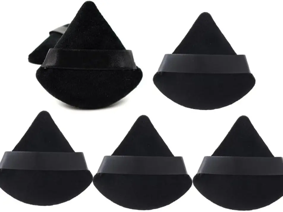 5pc Black Triangle Powder Puff Set | Dual-Use Wet & Dry Plush Makeup Puffs with Strap | Reusable Beauty Sponges for Flawless Finish