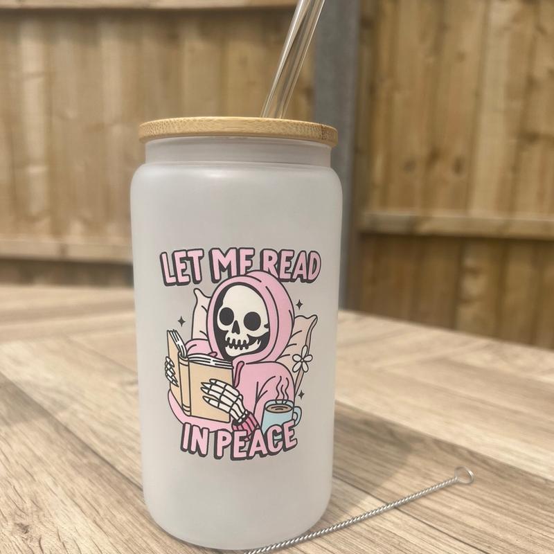 Let me read in peace. Glass frosted 16oz libbey can. Gothic pink skeleton design. Gift for book lover. 3