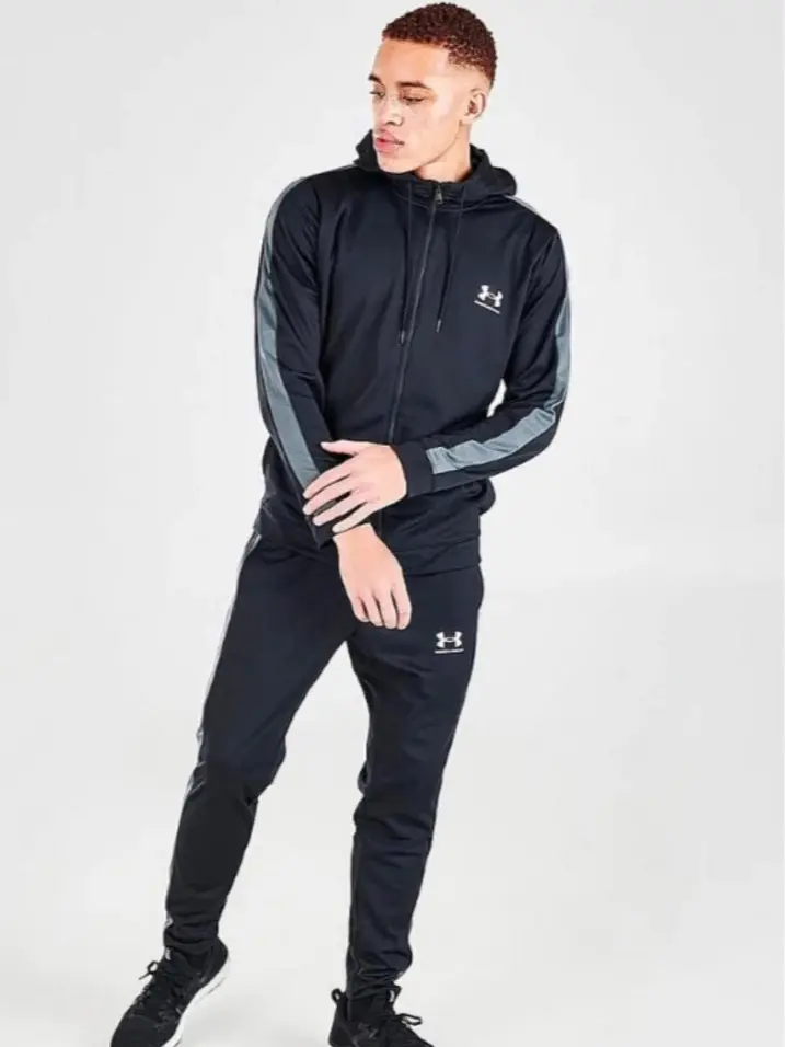 Under Armour Tracksuit Hooded Zip Top And Bottoms Black Poly All Sizes 1370153