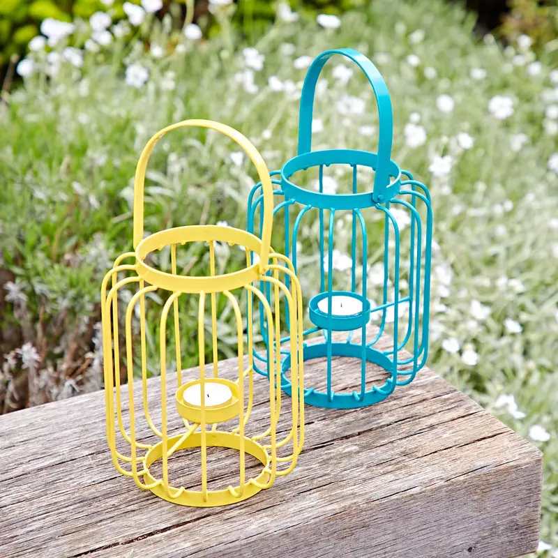 Colourful Iron Lantern Tea Light Holder - Centrepiece - Small Pillar Candle Holder - Indoor - Outdoor - Vibrant Teal or Yellow Colour 0