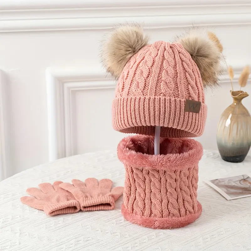 A set of Youngsters's autumn and winter three-piece set of cold-proof and warm suits including double ball knitted hat, scarf, gloves, fashionable and versatile brimless hat suitable for outdoor camping, hiking, and skiing 0