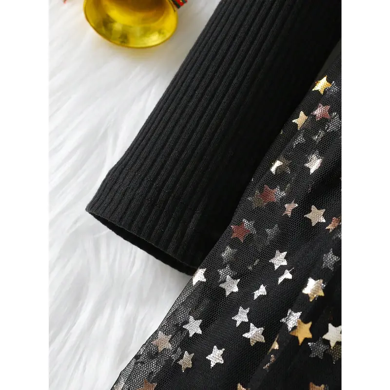 Young Girl Ruffle Trim Contrast Star Mesh Hem Belted Dress 2