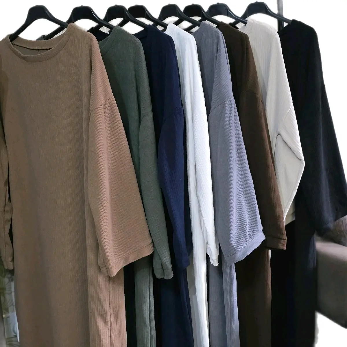 Women's Corduroy Winter Long Dress, Abaya with pockets Crew Neck Ribbed Long Sleeve             Length: 52