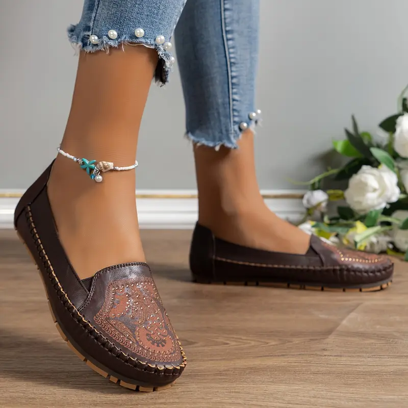 Elegant Plus-Size Women's Slip-On Flats with Rhinestone Floral Embellishments - Breathable PU Cover, Round Toe Design, Comfortable TPR Sole - Versatile All-Season Footwear, Ladies Shoes 7