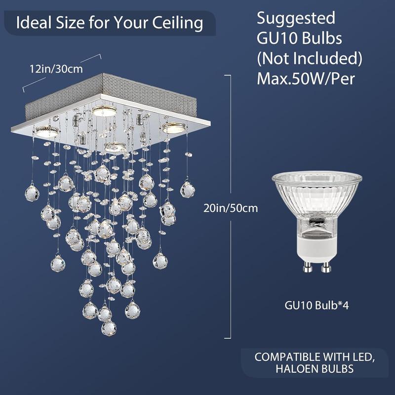 Modern Crystal Raindrop Chandelier, Flush Mount LED Ceiling Light for Dining Room, Bathroom, Bedroom, or Living Room, 4 GU10 LED Bulbs Required, Width 35cm, Height 50cm [Energy Class A+++] 2
