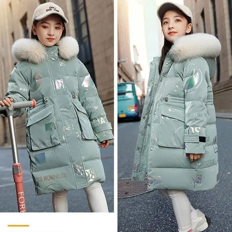 New 4-12 Years Fashion Winter Teenger Girls Jacket Hight Quality Heavy Keep Warm Large Fur Collar Hooded Coat For Kids 2
