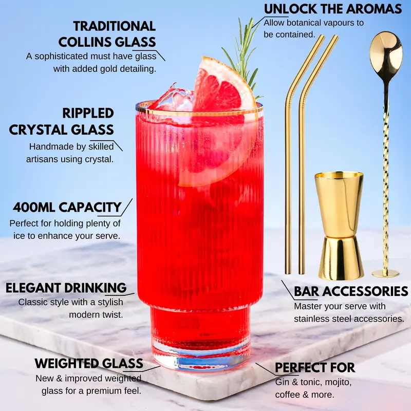 Stunning Ripple Crystal Highball Glasses- 2 Handmade Coffee Glasses + Cocktail Accessories | 2 Metal Straws, Bar Spoon & Jigger Drinkware Reusable Set Stylish 3