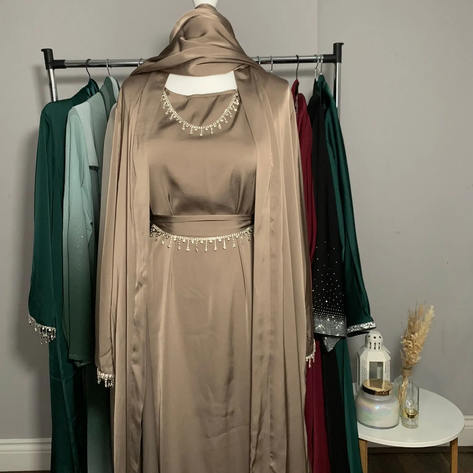 Crystal YEMA Abaya Set with Inner Abaya and Belt,Hijab by Crescent Modesty (6 PIECES)- Modest Fashion, Available in 52 - 60, muslim fashion islamic clothing