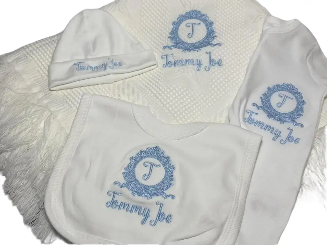 Personalised Embroidered Crest Baby Set - 4 Piece Set with Shawl, Sleep Suit, Bib, and Cotton Hat by Traceys Creations