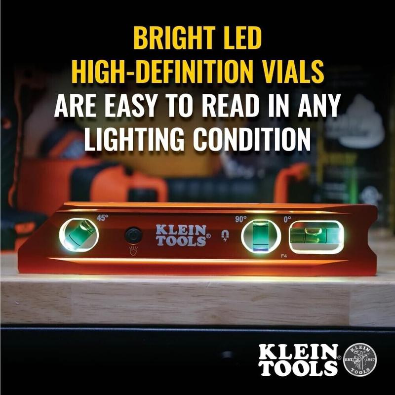 Klein Tools Magnetic Torpedo 9"/230mm Spirit Level With LED Light Vials, 935RBLT 4