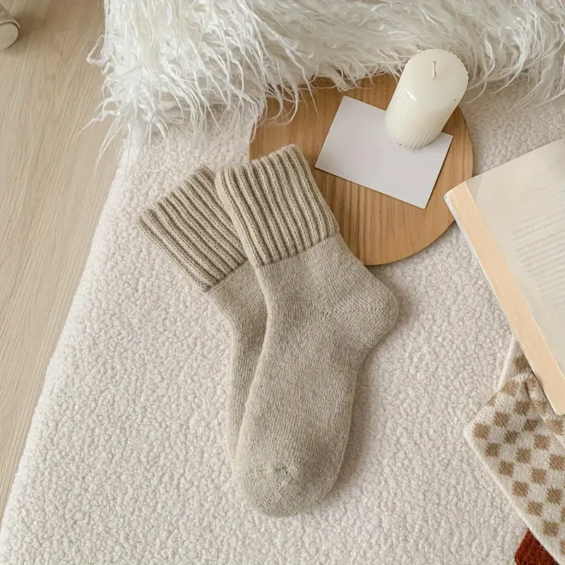 A&H     Women's Soft and Cozy Thick Terry Snow Socks (5 Pairs) - Mid-Calf Length, in Beige and Brown Solid Colors, Polyester Blend, Perfect for Cold Weather, Adorable and Warm 4