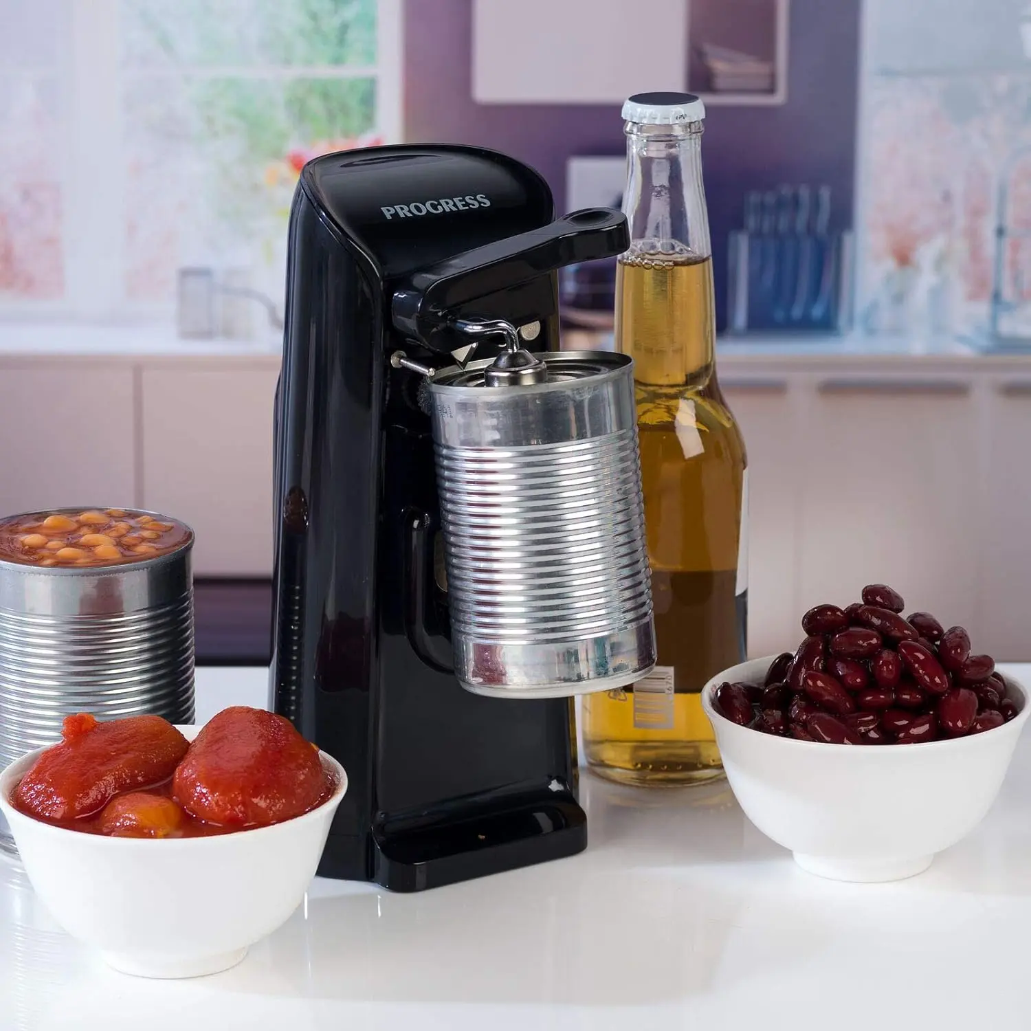 Progress EK3589P 3-in-1 Hands-Free Electric Tin Can Opener, Knife Sharpener & Bottle Opener -  (Black)"