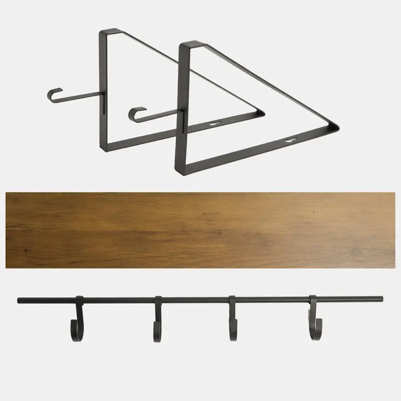 OHS Wall Mounted Home Kitchen Decor Hanging Wooden Shelving Cup Display Hook Unit 4