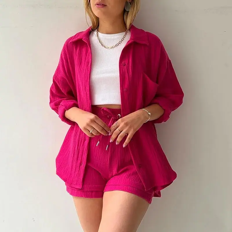 Summer Women's Suit Short Sets Outfits Muslin Suit For Women  Two Piece Female Clothing Solid Beach Outfit Set Two Piece Set Womenswear Comfort Basic Long Sleeve Minimalist