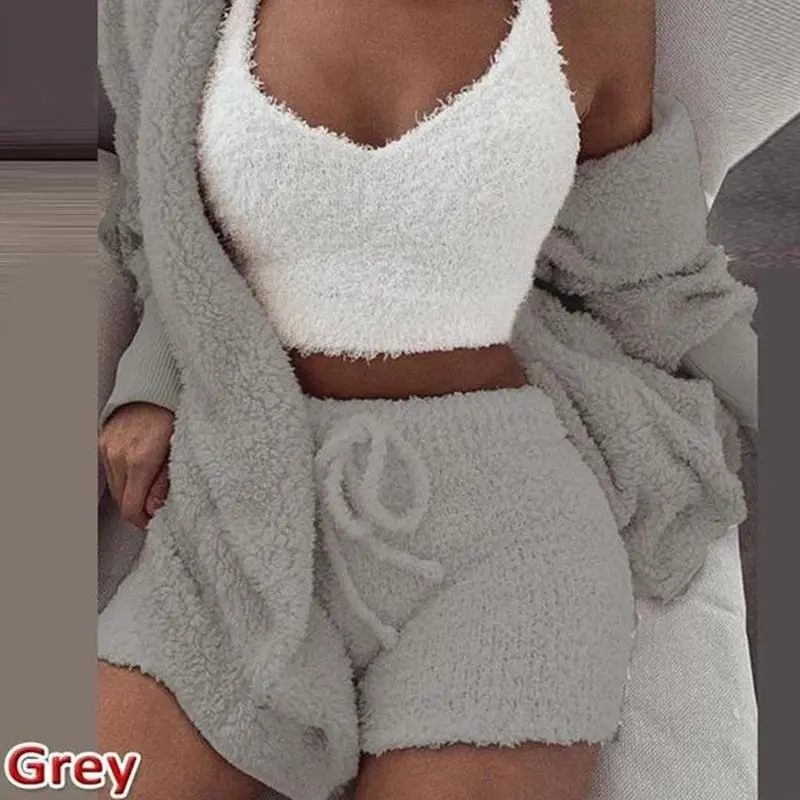Women's Warm Fuzzy Hooded Pajama Set, Long Sleeve Robe & Tank Top & Drawstring Shorts for Sleepwear & Loungewear - Womenswear, Homewear Longsleeves Pjs Basic Minimalist Comfort