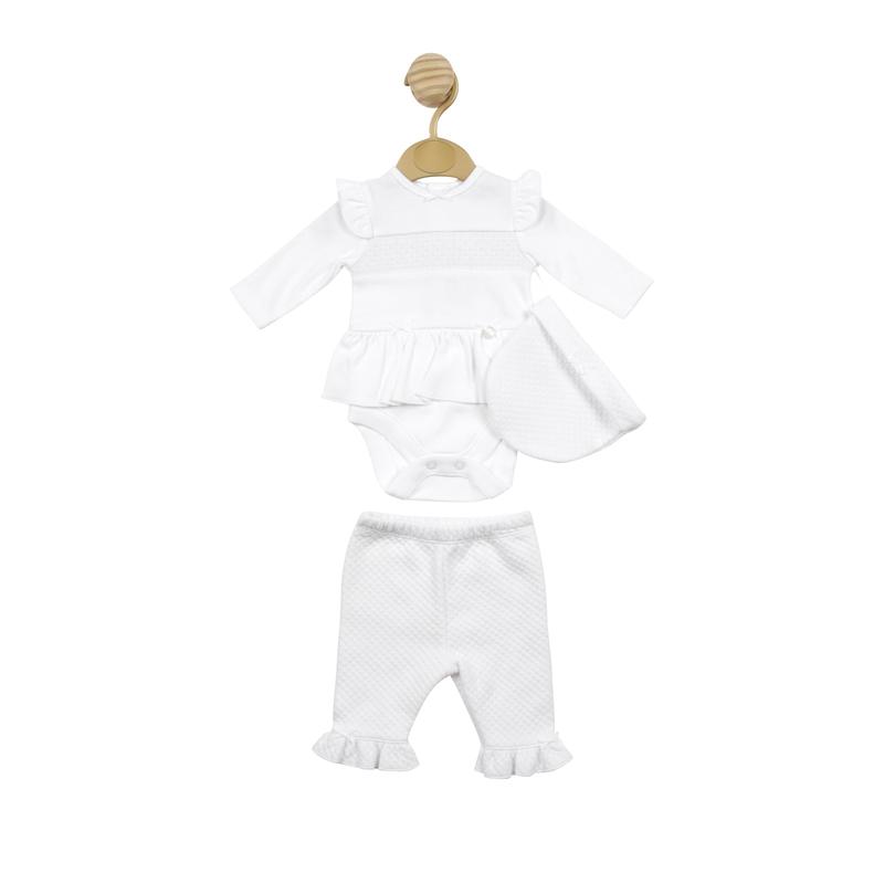 Mintini White Smocked Tiny Baby Bodysuit with Waffle Leggings and Hat Kidswear 0