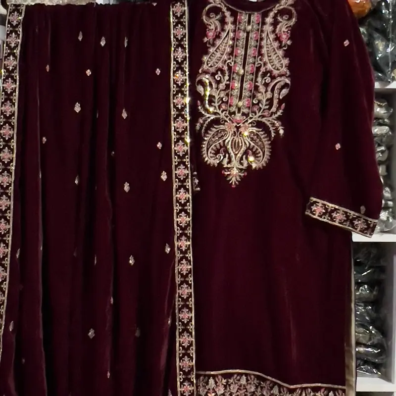 Pakistani Luxury 9000 micro Velvet 3pc Embroidered Dreee with Velvet Shawl and trouser. Formal... 6