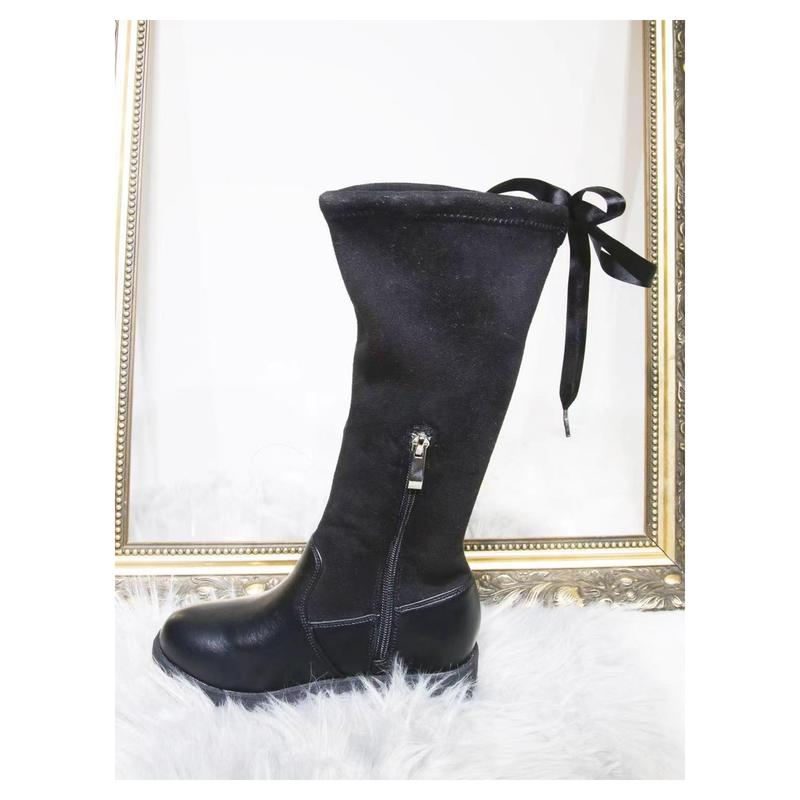 Kids Black knee length sock boots with diamante bow 2